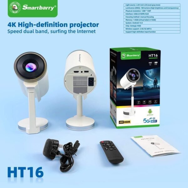 Smartbarry HT16 4K High-definition projector Speed dual band, surfing the Internet
