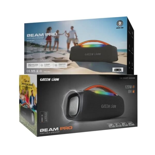 Green Lion Beam Pro Portable Speaker, 120W Power, Wireless Mic, IPX6 Waterproof, 8 Light Modes, Extra Bass, 360 Audio, Multi-Input Support (AUX/USB-C/TF/MIC) (Black)