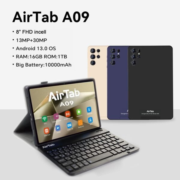AirTab A09, 8 Inch FHD Screen, 1TB Internal Memory, 16GB RAM, Powerful 10,000mAh Battery, Android Tablet With Wireless Keyboard