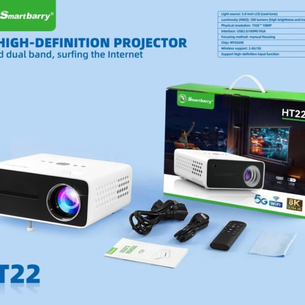 Smartberry HT22 8K Display Projector – Portable Smart Android 12, WiFi & Bluetooth, Home & Outdoor Cinema, HDMI & USB, Compatible with iOS, Android, Windows Devices