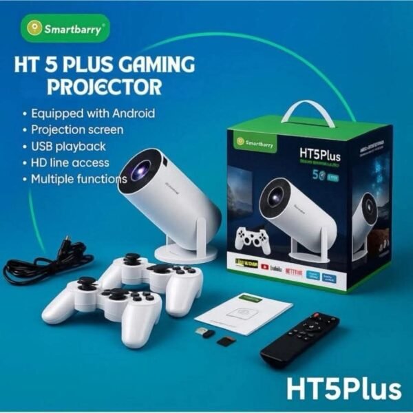 Smartbarry HT5 Plus 4K 1080P Mini Projector With 2 Game Controls with WiFi & Bluetooth – Portable Android OS Projector, 210° Rotatable Stand, 8000+ Built-in Apps, Dust Removal & Heat Dissipation Design