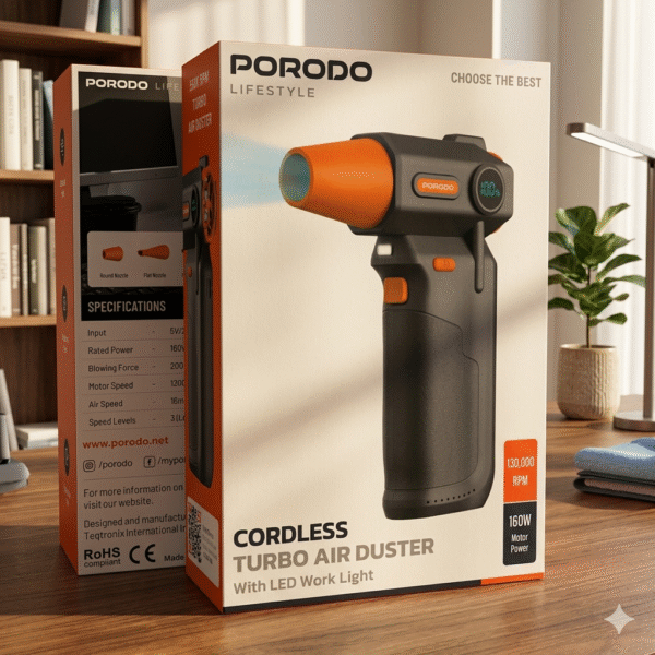 PORODO LIFESTYLE CORDLESS TURBO AIR DUSTER WITH LED WORK LIGHT - BLACK